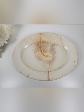 Large Antique Crazed Stained Oval White Ironstone Platter 13.5"- Shabby Chic